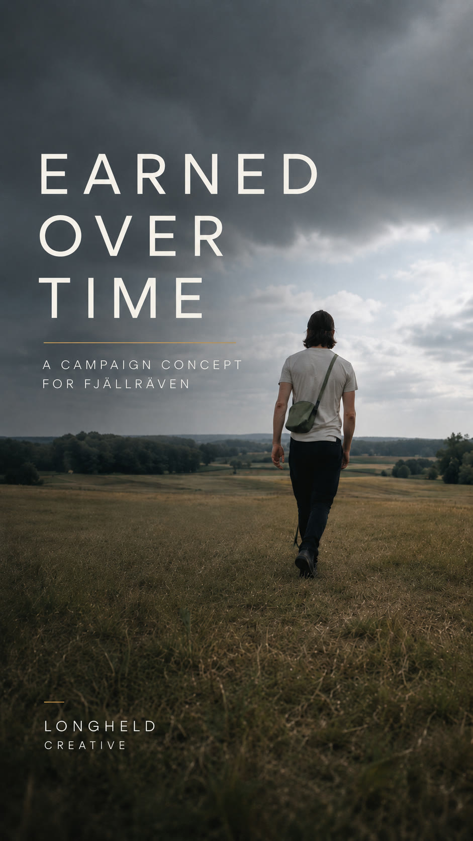 Charlie walking across a field beneath the Earned Over Time campaign title