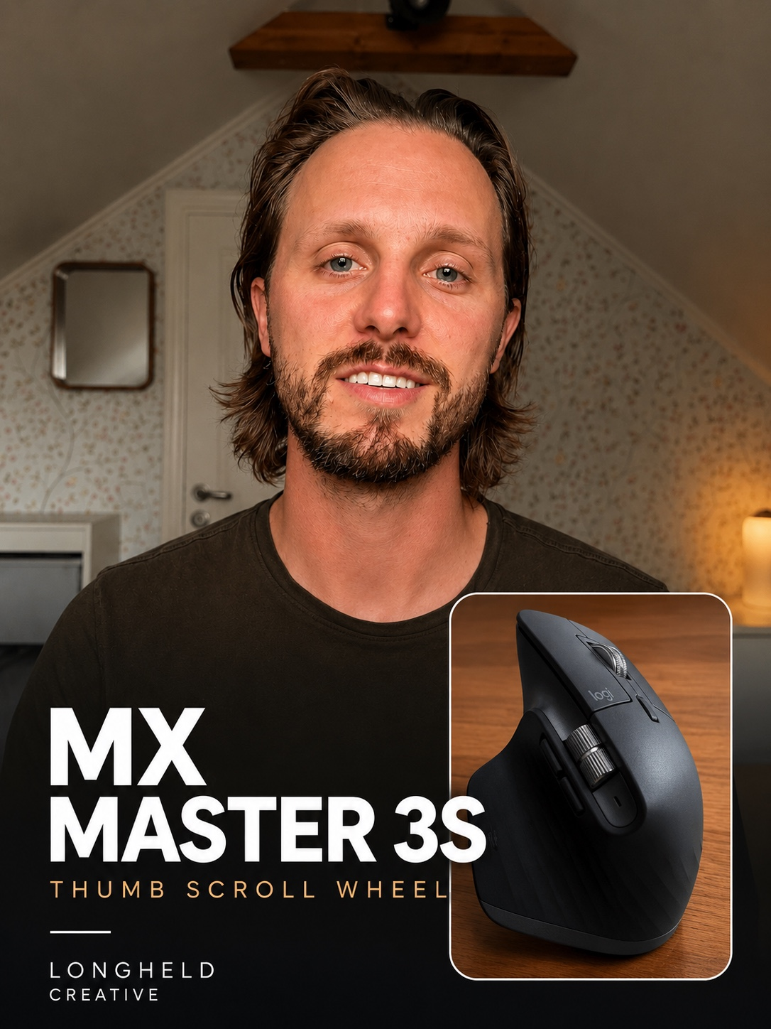 Charlie and an MX Master 3S mouse beneath the thumb scroll wheel title